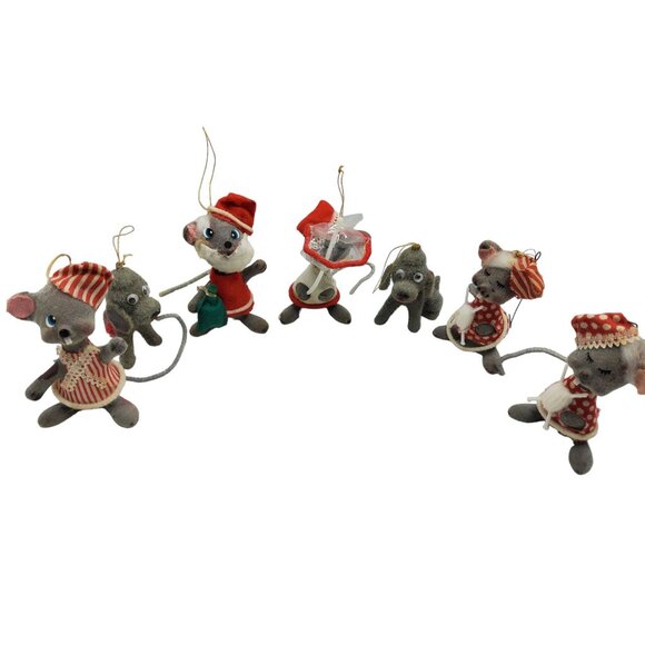 vintage 1950s set of 7 flocked mice christmas ornaments - Picture 7 of 8
